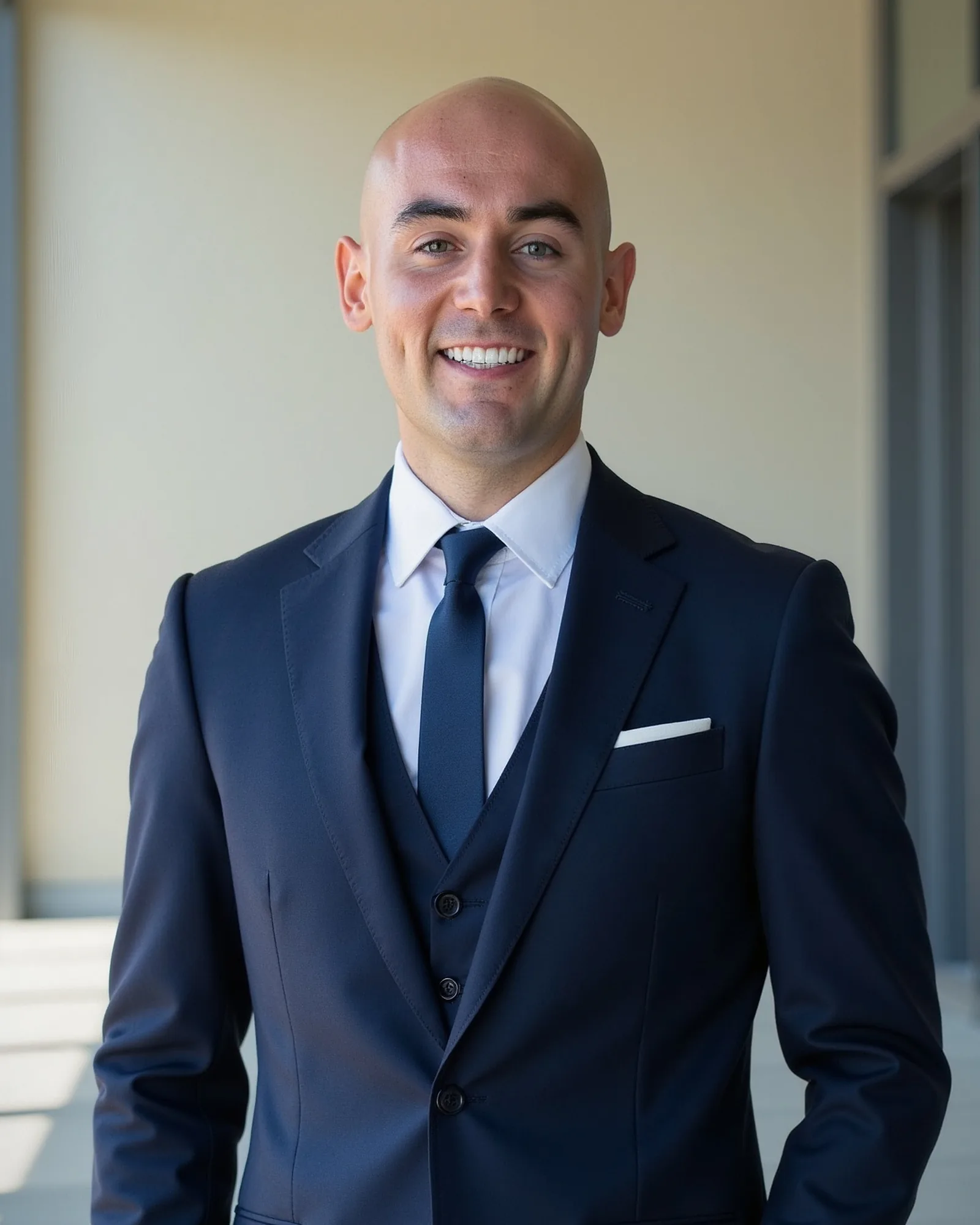 Portrait of Clay Adelizzi in a navy suit and tie.