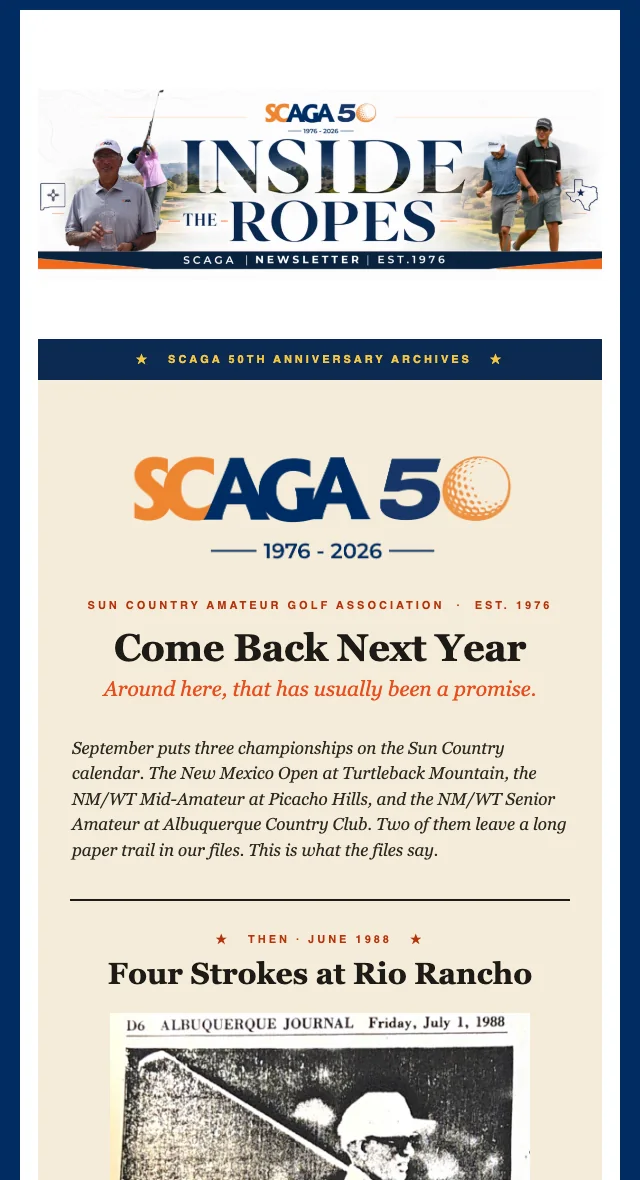 The top of the September 2026 Inside the Ropes newsletter, with the SCAGA 50 masthead and an archive story.