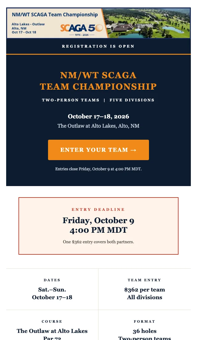 The Team Championship invitation email with a navy header and an orange Enter Your Team button.