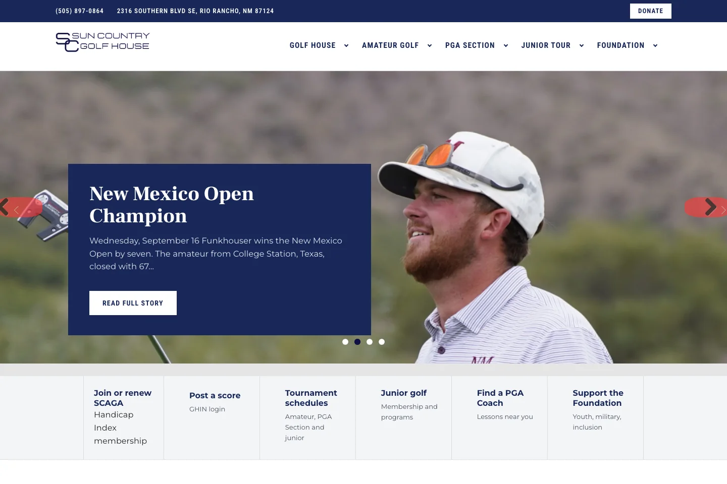 The live Sun Country Golf House homepage, with a New Mexico Open champion slide and a row of quick links below it.