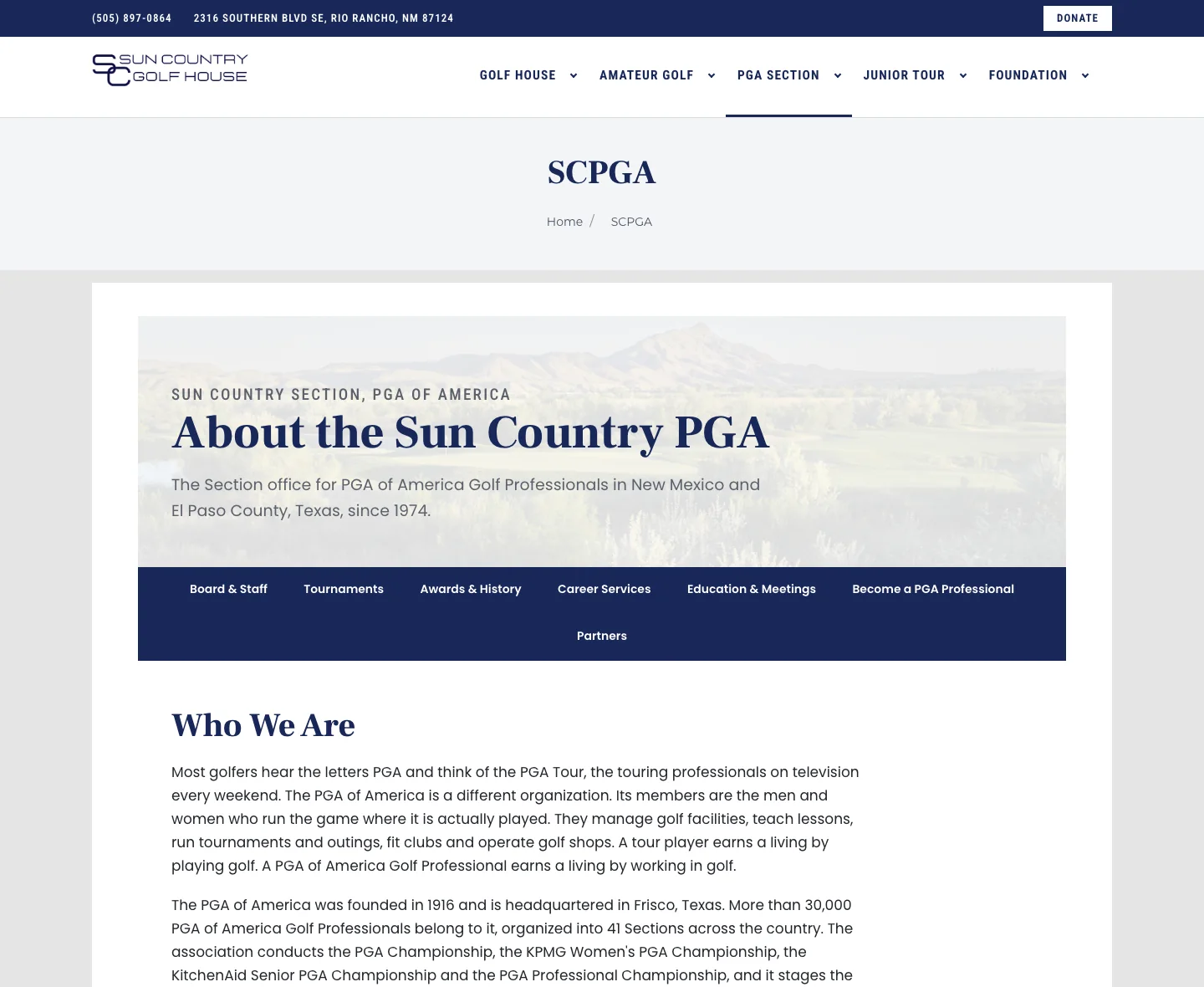 The top of the About the Sun Country PGA page, with its headline and a navy bar of links.
